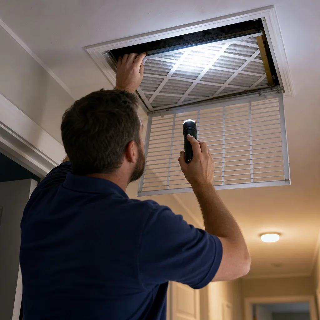 HVAC technician inspecting ceiling air filter with flashlight for routine maintenance
