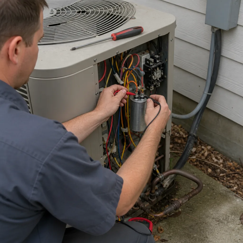 HVAC technician testing an air conditioner capacitor with a multimeter