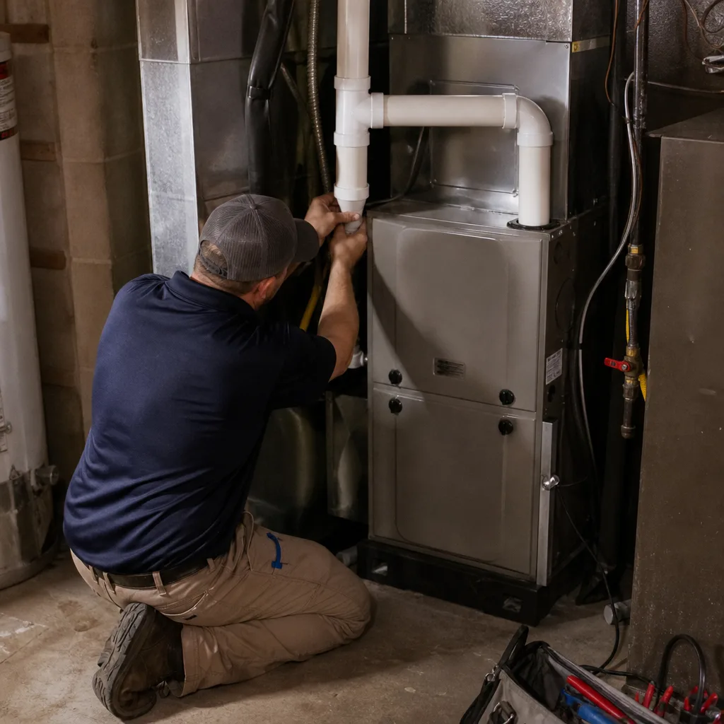 HVAC technician performing professional furnace repair and maintenance service