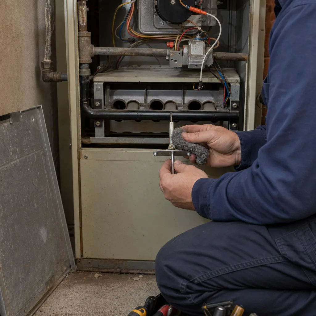 HVAC technician performing routine furnace maintenance and flame sensor cleaning