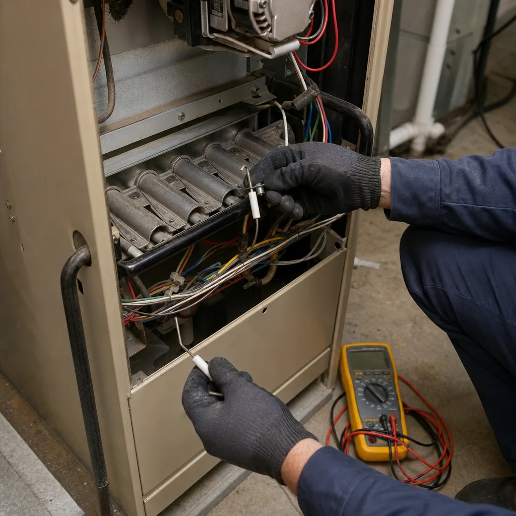 HVAC technician performing furnace repair and maintenance on a home heating system